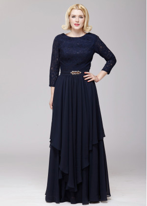 Navy Blue Lace Chiffon Modest Mother Of The Bride Dress 